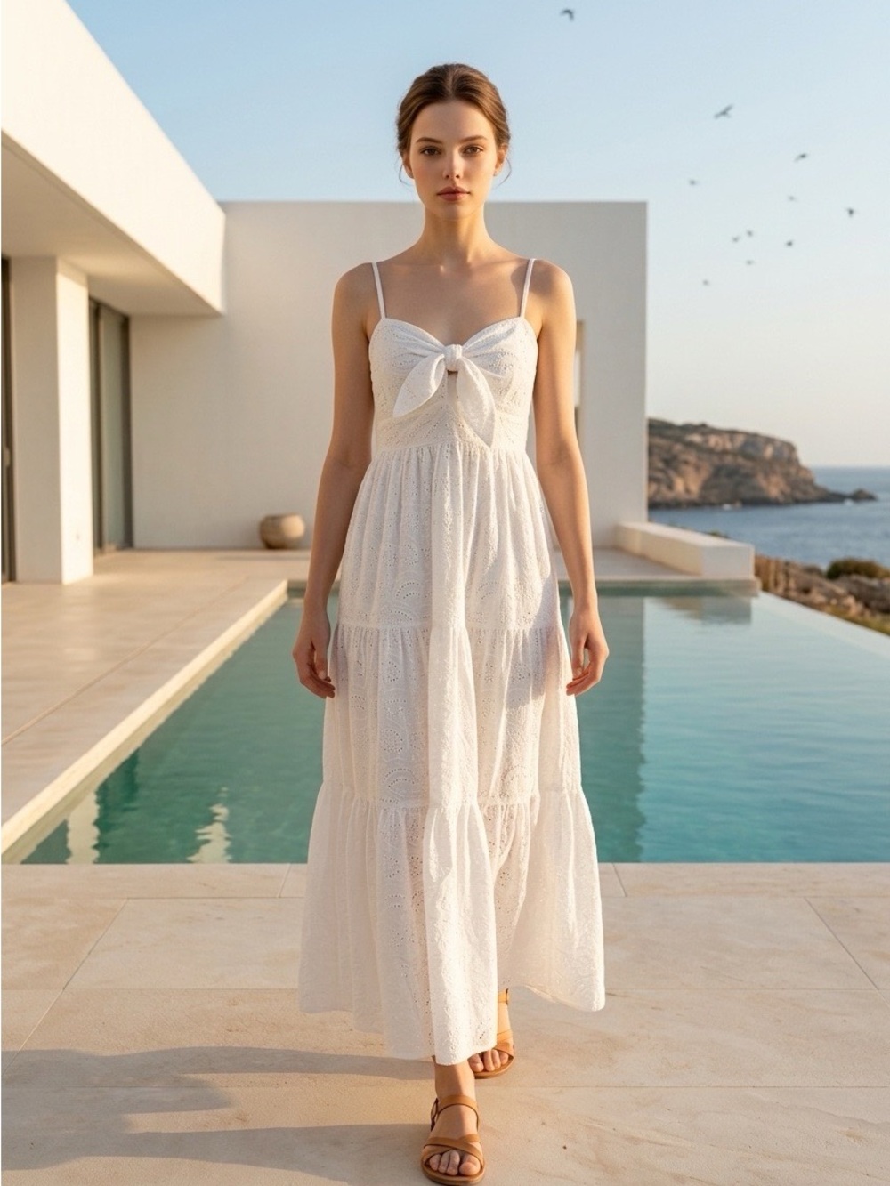 NWT House of Harlow 1960 White Eyelet Cotton Maxi Dress Smocked Back S